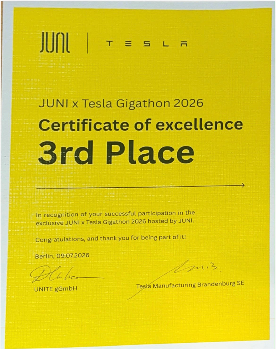 JUNI x Tesla Gigathon 3rd Place Certificate